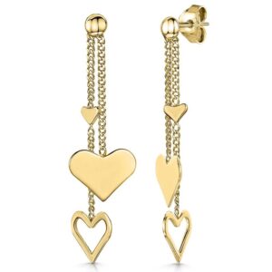 Yellow Gold Chain Drop Earring With 3 Heart Charms